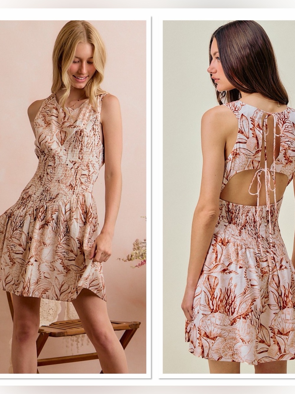 🐚 SO ME Shell Print Smocked Fit And Flare Mini Lined Dress-Taupe